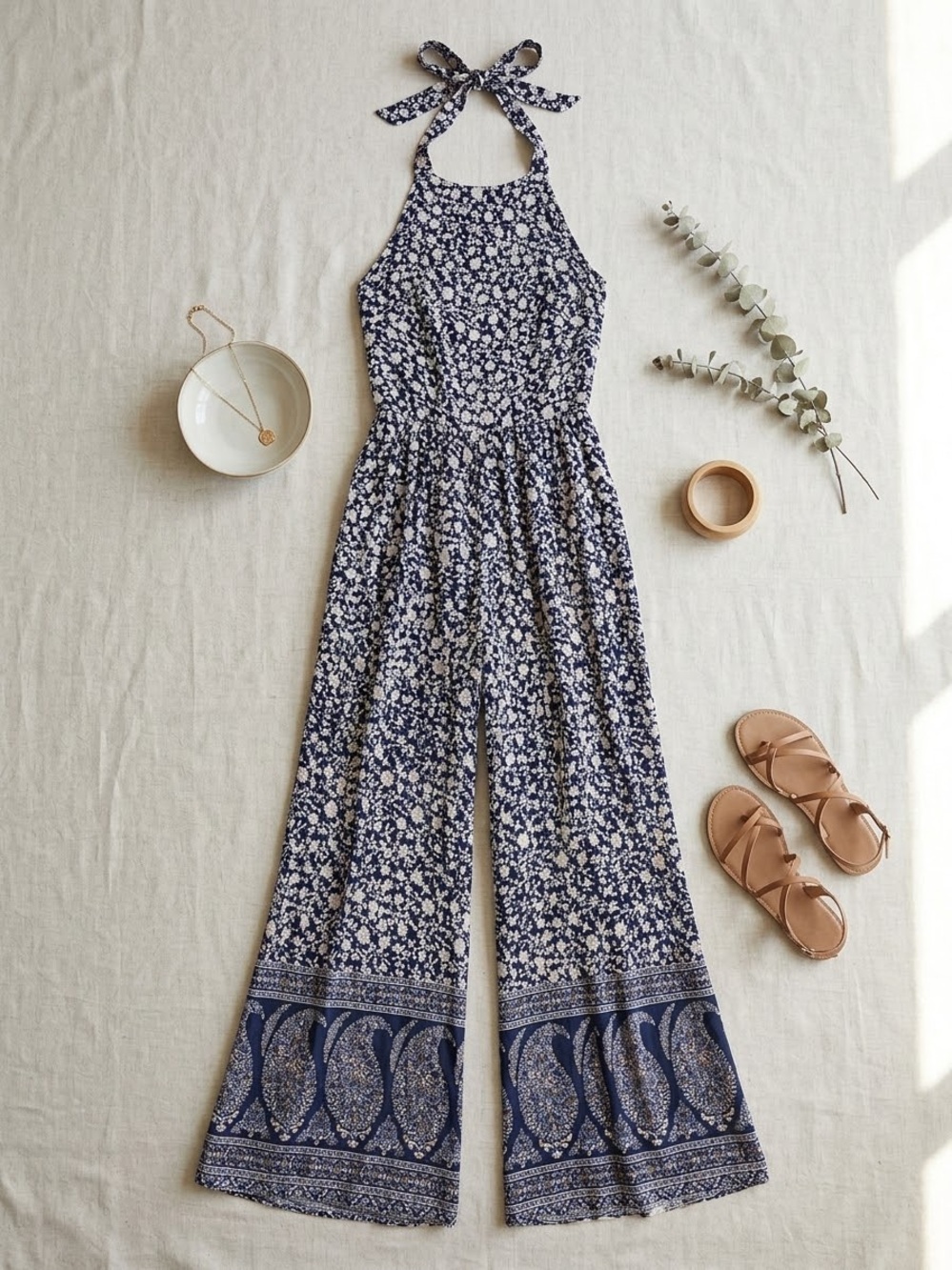 American Eagle Outfitters Navy and White Floral Halter Jumpsuit small